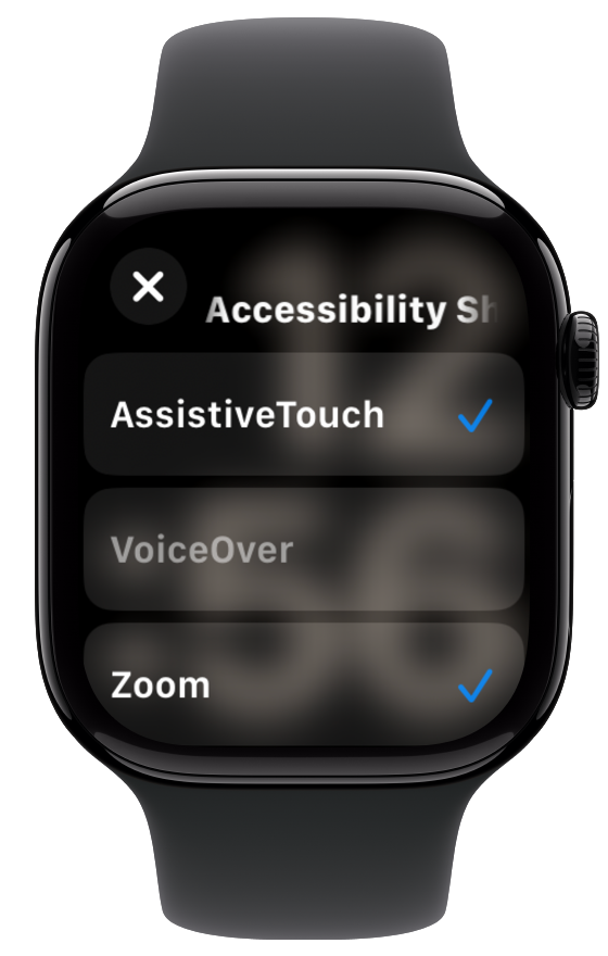 A screenshot of the accessibility shortcut menu on an Apple Watch with Assistive Touch and Zoom enabled.