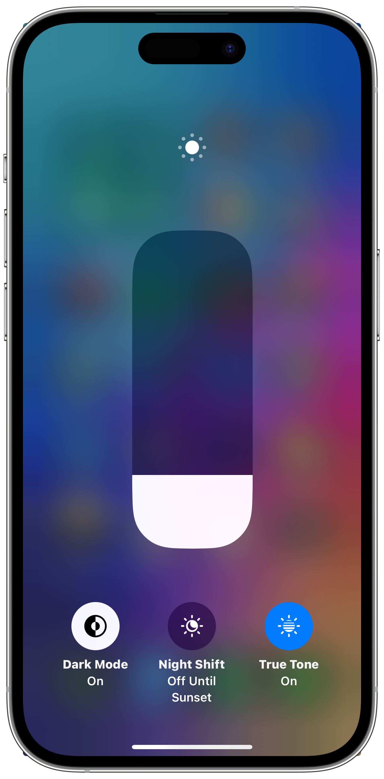 A screenshot of the brightness slider expanded in Control Center on an iPhone to reveal the Dark Mode, Night Shift, and True Tone toggles.