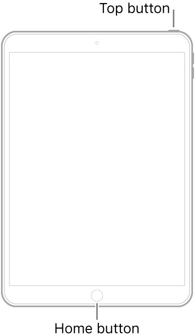 An iPad 9th generation with the text top button and home button pointing to their location placement on the device. The power button is on the top right side and the home button is in the middle toward the bottom edge of the display of the device.